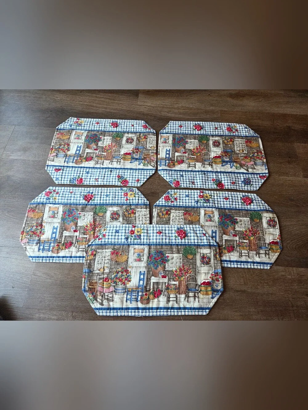 Vintage Handmade Farmhouse Gingham Floral Placemats and Table Runner